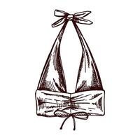 Hand drawn sketch of halter bikini top with bows in monochrome vintage style vector