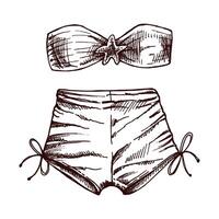 Sketch of two-piece beachwear set with bandeau top and tied shorts in monochrome vintage style vector