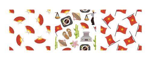 Vietnamese seamless pattern set with traditional symbols, flags and cultural elements in flat style with red and yellow color palette vector