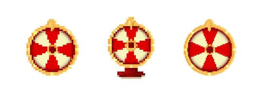 Colorful pixel art shields showing red and white patterns in circular formations image vector