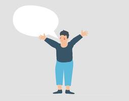 Small child explains a creative idea in his mind at school. Intelligent boy imagines a solution and forms it with his hands. Concept of speech bubble, communication and education. vector
