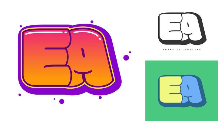 EA logo design for festival or party. Initial letter e and a in graffiti style. Creative modern lettering company name of font typography. Kids trendy logotype or identity.