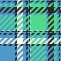 Festival textile plaid, flannel background fabric pattern. Fur seamless tartan check texture in cyan and green colors. vector