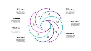 Line infographic diagram featuring a circular workflow with 7 arrows and icons. Business concepts showing growth, finance, and planning, symbolizing continuous improvement and strategic processes vector