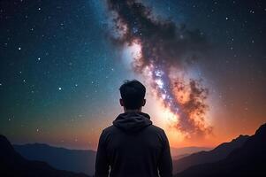 Stunning View of Galaxy at Dusk with Person Gazing at the Starry Sky photo