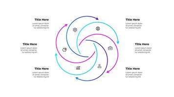 Line infographic diagram featuring a circular workflow with 6 arrows and icons. Business concepts showing growth, finance, and planning, symbolizing continuous improvement and strategic processes vector