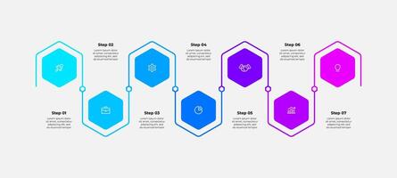 Timeline infographic showcasing seven steps with a hexagonal theme and gradient colors, perfect for business process representation vector