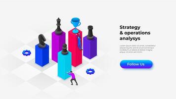 Isometric illustration representing strategic operations with chess pieces and trophies symbolizing success. Collaborative and goal-oriented efforts in business and personal pursuits vector