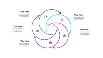 Line infographic diagram featuring a circular workflow with 5 arrows and icons. Business concepts showing growth, finance, and planning, symbolizing continuous improvement and strategic processes vector