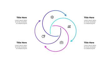 Line infographic diagram featuring a circular workflow with 4 arrows and icons. Business concepts showing growth, finance, and planning, symbolizing continuous improvement and strategic processes vector