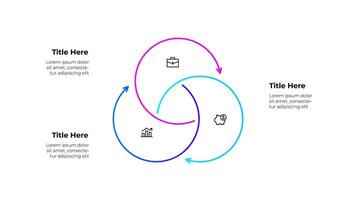 Line infographic diagram featuring a circular workflow with 3 arrows and icons. Business concepts showing growth, finance, and planning, symbolizing continuous improvement and strategic processes vector