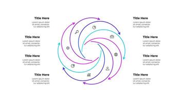 Line infographic diagram featuring a circular workflow with 8 arrows and icons. Business concepts showing growth, finance, and planning, symbolizing continuous improvement and strategic processes vector