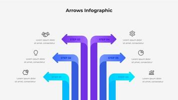 Colorful arrow infographic with six steps, highlighting conceptual process organization for business and planning. Design presented in a neat schematic manner with conceptual icons for each step vector