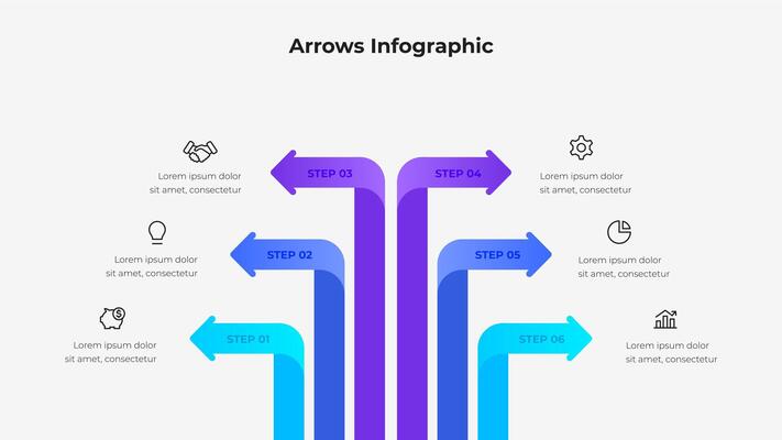 Colorful arrow infographic with six steps, highlighting conceptual process organization for business and planning. Design presented in a neat schematic manner with conceptual icons for each step