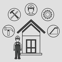 Silhouette of a Construction Worker with Building Tools and House Structure vector