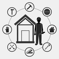 Builder Silhouette and Construction Tools House Framework vector