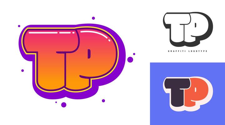 TP logo design for festival or party. Initial letter t and p in graffiti style. Creative modern lettering company name of font typography. Kids trendy logotype or identity.