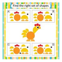 Logic puzzle for children. Find the correct set of cartoon rooster. Preschool worksheet activity. Answer is B. vector