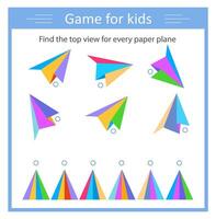 Logic game for children. Find the the top view for every paper plane. The attention game. For websites and for printing vector