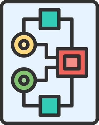 A flat icon of a computer with two different colored blocks