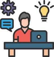 A man sitting at a desk with a laptop and a light bulb vector