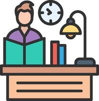 A man sitting at a desk with a clock and books vector