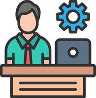 A man is sitting at a desk with a laptop and gears vector