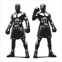 Two black and white boxing fighters standing in front of each other vector