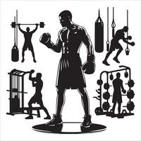 Silhouettes of a man in the gym, including boxing gloves, weights, and a punching vector