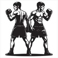 Two men in boxing stance, one with gloves and the other without vector