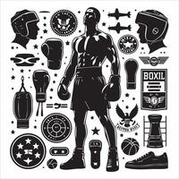 Boxing set with various icons and symbols vector