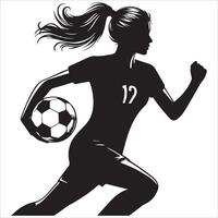 Silhouette of a female soccer player running with the ball vector