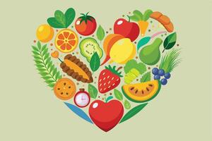 Heart-shaped design of various fruits and vegetables for healthy eating. vector