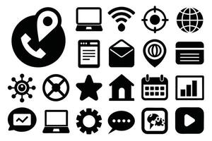 A Collection of Black and White Flat Icons for Communication and Technology vector