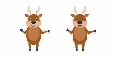 Two pixel art reindeer with antlers standing in cute animated style character display vector