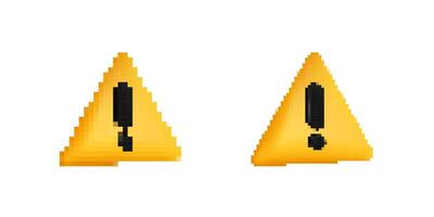 Two pixelated yellow warning signs with black exclamation marks and triangular shapes vector