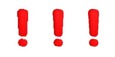 Pixelated red exclamation marks with glossy effect, bold digital punctuation vector