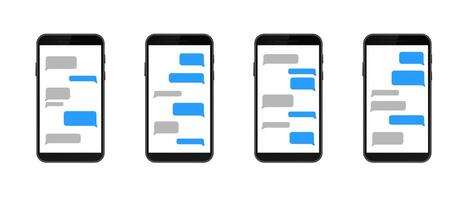 Smartphones displaying interactive text messages on different screens in a row vector