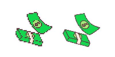 Retro pixel art style green money bills and bundles falling and floating isolated vector