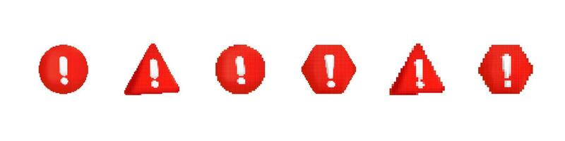 Various red warning symbols with exclamation marks in different geometric shapes vector
