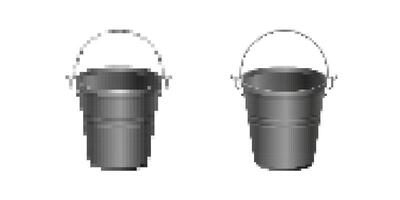 Two simple metal buckets with handles and rounded shapes in pixel art style vector