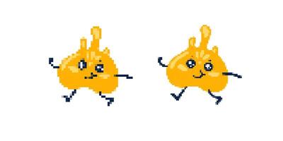 Pixel art style smiling yellow characters with cute expressions and playful poses vector