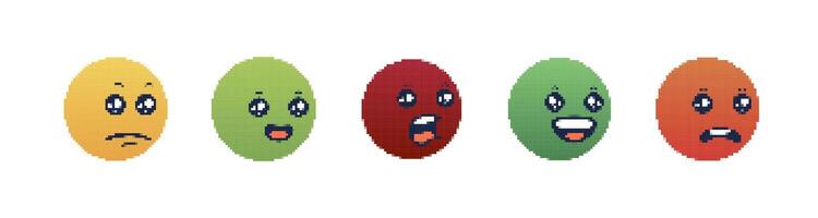 Pixel art emoji faces displaying various expressions and emotions in circular design vector