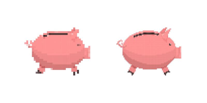 Pixel art pink piggy banks with coin slots in cartoon style