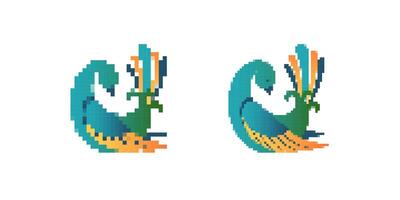 Colorful pixel art bird with vibrant tail feathers in unique artistic design style vector