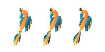 Pixel art parrot illustrations with bright orange and green color combinations vector