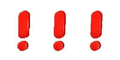 Pixelated red exclamation marks with glossy effect, bold digital punctuation vector