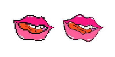 Retro style pink lips with pixel art effect and bold red tongue licking playfully vector