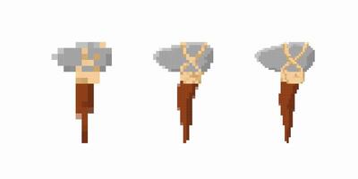 Three pixelated stone axes with wooden handles in different angles and styles vector