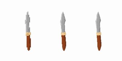 Set of three pixel art swords with wooden handles and silver blades in different angles vector